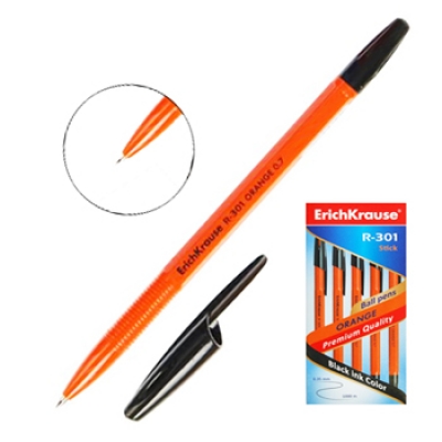 Ручка шариковая чёрная 0, 7мм R-301 Orange рифленый держатель, оранжевый корпус, черный колпачок, тол