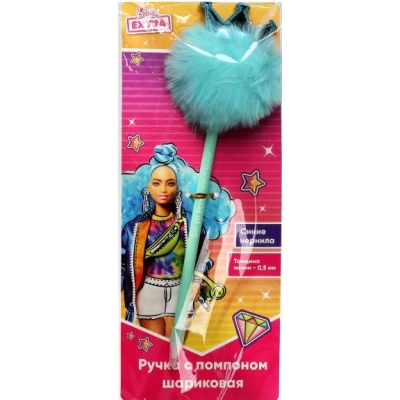 Ручка шариковая синяя 0, 5мм Barbie Extra (с помпоном)