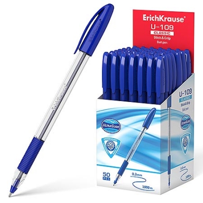 Ручка шариковая синяя 1, 0мм U-109 Classic Stick&Grip Ultra Glide Technology, треугольная, рифленый д