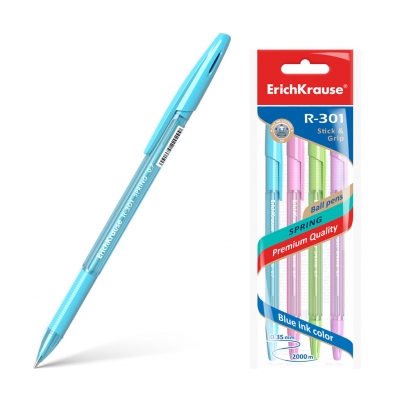 Набор шариковых ручек синих 4шт 0, 7мм R-301 Spring Stick&Grip, шестигранная, резиновый держатель, цв