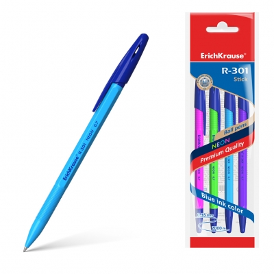 Набор шариковых ручек синих 4шт 0, 7мм R-301 Neon Stick, шестигранная, рифленый держатель, цветной ко