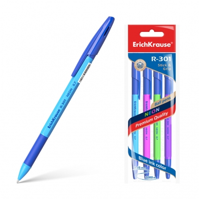 Набор шариковых ручек синих 4шт 0, 7мм R-301 Neon Stick&Grip, шестигранная, резиновый держатель, цвет
