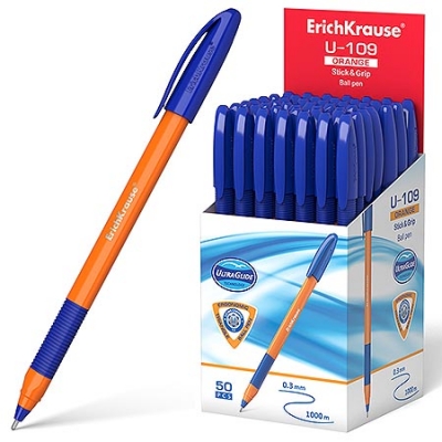 Ручка шариковая синяя 1, 0мм U-109 Orange Stick&Grip Ultra Glide Technology, треугольная, рифленый де