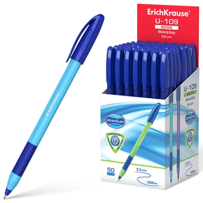 Ручка шариковая синяя 1, 0мм U-109 Neon Stick&Grip Ultra Glide Technology, трёугольная, рифленый держ