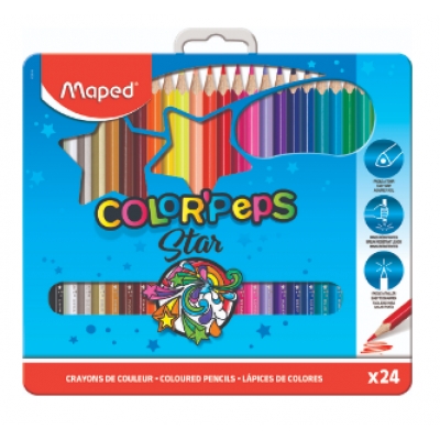 Карандаши 24цв COLOR\'PEPS, деревянные, из липы, трёхгранные, ударопрочные, в металлической коробке
