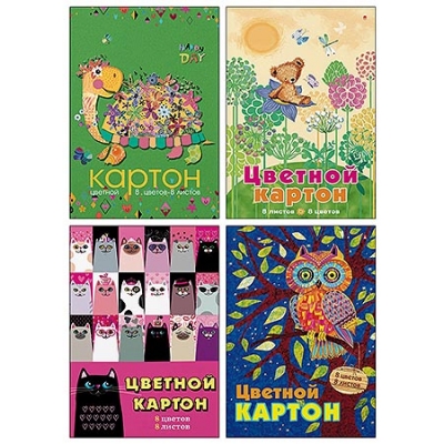 Картон цветной А4 8л 8цв Мультики, 2 дизайна, в папке