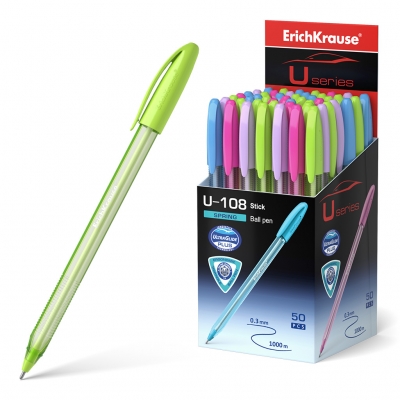 Ручка шариковая синяя 1, 0мм U-108 Spring Stick Ultra Glide Technology, трёхгранная, игольчатый пишущ