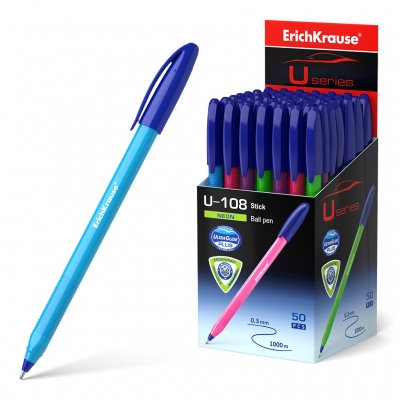 Ручка шариковая синяя 1, 0мм U-108 Neon Stick Ultra Glide Technology, трёхгранная, игольчатый пишущий