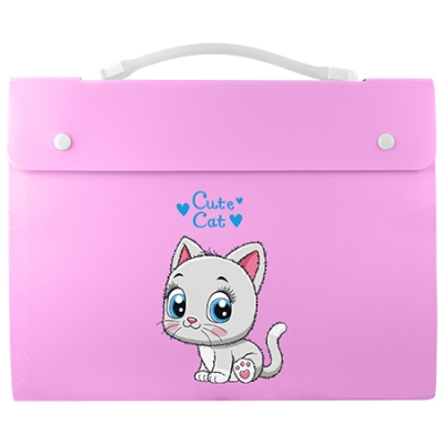Папка-портфель А4 800мкм Cute Cat с 12 отделениями, розовый, с клапаном, внутренние отделения 170мкм