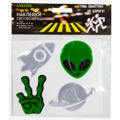 Наклейки световозвращающие Alien ПВХ, размер листа 110x130мм, 4шт, серебристо-белые, зелёные, в плас