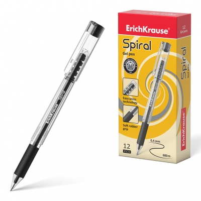 Ручка гелевая чёрная 0, 5мм Spiral, толщина письма 0, 4мм, резиновый держатель