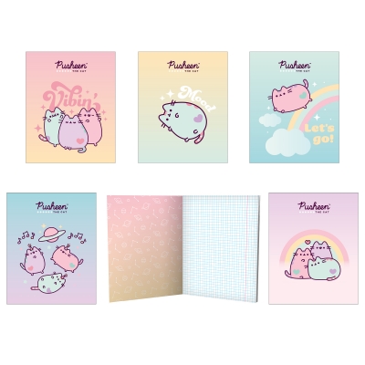 Тетрадь 48л. Клетка Pusheen, скрепка, блок 60-65г/м2, 100% белизна, софт-тач ламинация, цветной обор