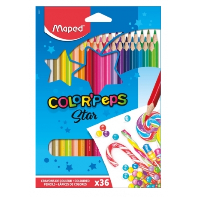 Карандаши 36цв ColorPeps Star, деревянные, из липы, трёхгранные, картонная коробка с европодвесом