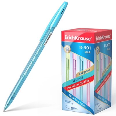 Ручка шариковая синяя 0, 7мм R301 Spring Stick, шестигранная, рифленый держатель, полупрозрачный цвет