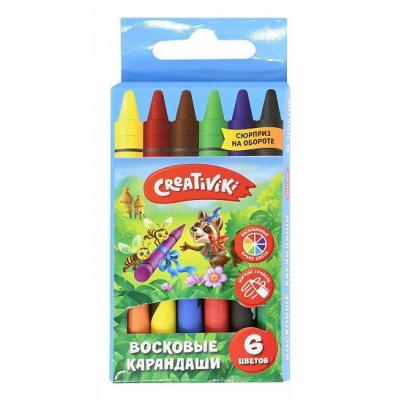 Карандаши восковые 6цв круглые, смываемые, 8мм