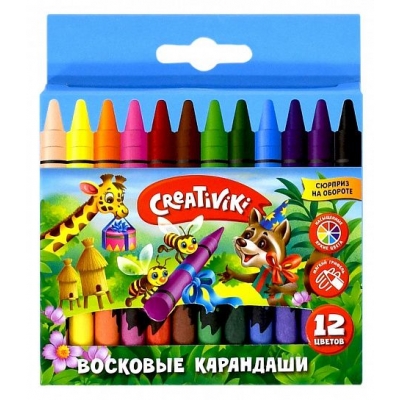 Карандаши восковые 12цв круглые, смываемые, 8мм