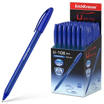 Ручка шариковая синяя 1, 0мм U-108 Original Stick Ultra Glide Technology, треугольная, рифленый держа