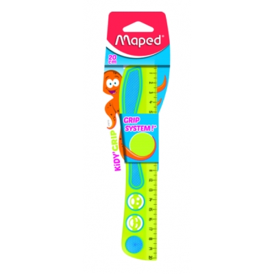 Линейка 20см KIDY\'GRIP, комбинация цветного пластик с резиновой вставкой, нескользящая, с трафаретам